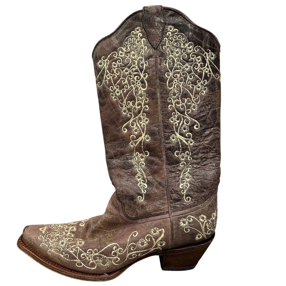 Corral Brown‎ Leather Floral Embroidered Snip Toe Western Boots Cowboy 9.5 Point